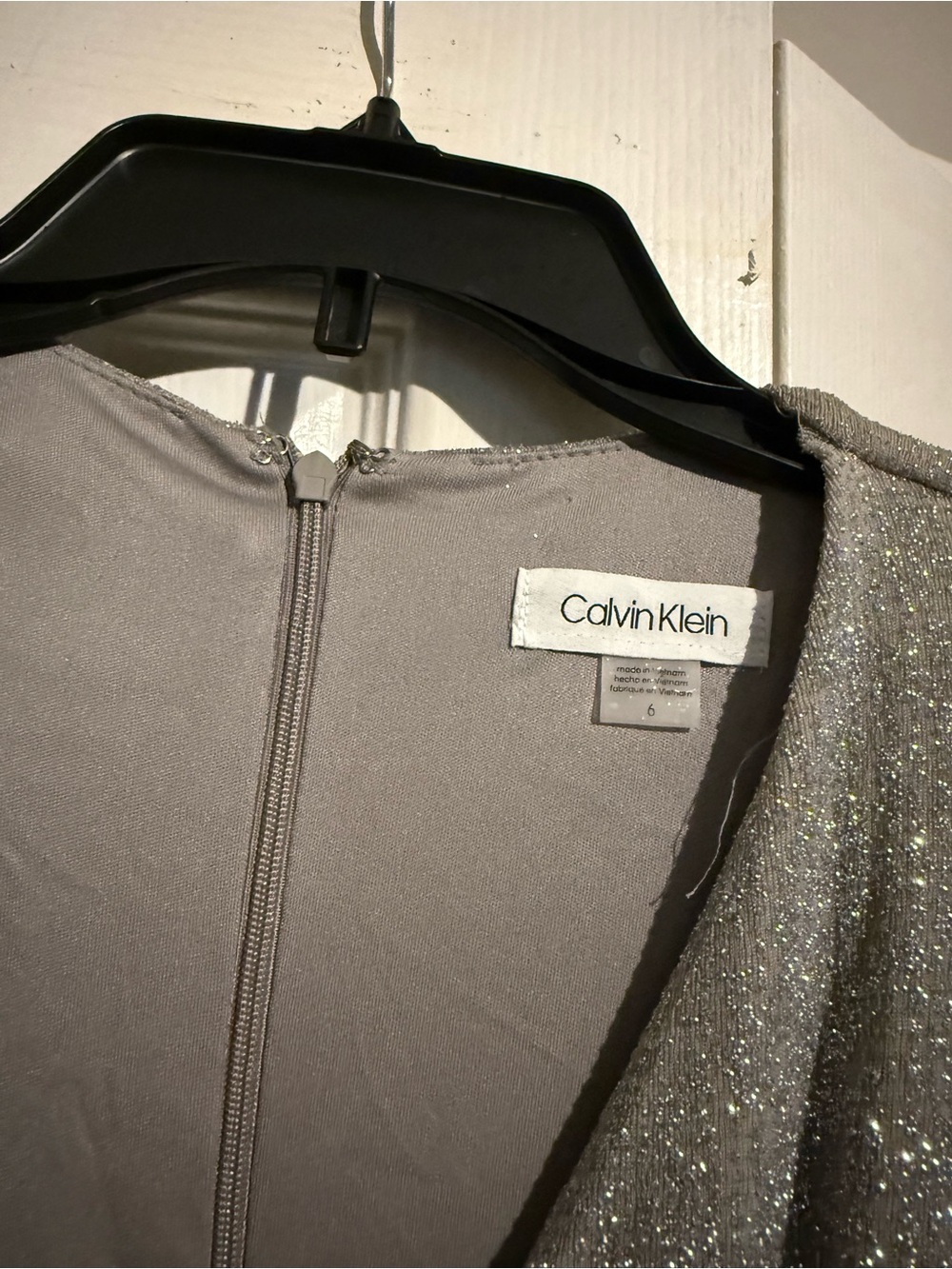 Calvin Klein Silver Glitter Long-Sleeve Ruched Wrap Dress - Picture 3 of 8